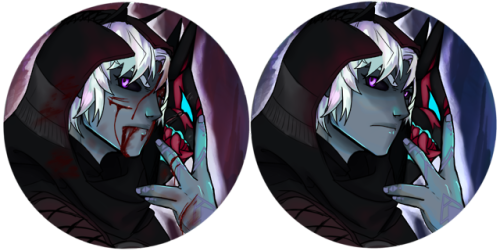 Portraits of my DnD characters, normal and hurting!Killian: Tiefling, Bard/sorcererThokein: Goliath,