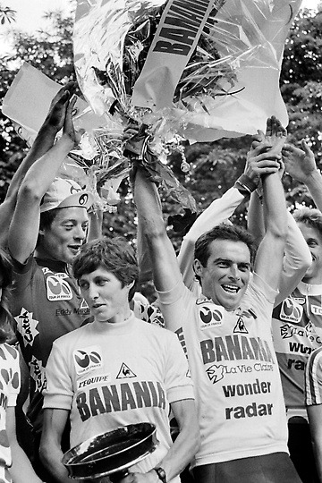 classicvintagecycling: Bernard Hinault celebrates victory in the 1985 Tour de France, alongside the 