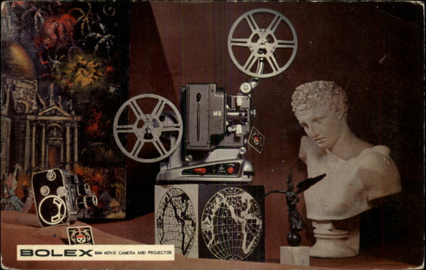 aliquippa:  Advertising postcard for the Bolex 8mm camera and projector. My M8 just