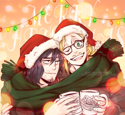 wontonton: I joined the @erasermic-ss Secret Santa! I was KamiharaShinya@twitter’s SS and he requested ‘sharing a scarf with santa hats and drinking hot cocoa’! Happy Holidays everyone! 