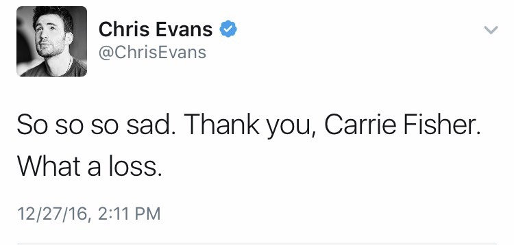 daisyridleyofficial:Celebrities and their reactions to the loss of Carrie Fisher.