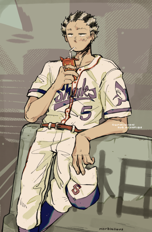 a colour digital drawing of fujita from dorohedoro wearing a sharks baseball uniform. he is leaning against a concrete blockade, sipping from a magic juice box and holding his cap in his other hand. his gaze is focused off screen.