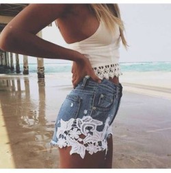 nuovees:  High waist denim lace shorts