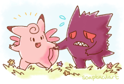 soaptaculart:On my Pokémon Let’s Go team I have a Clefable with a brave nature and a Gengar with a bashful nature and I am tbh Always thinking about them