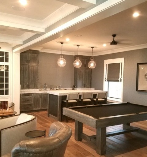 Family Room Game RoomInspiration For A Sizable Coastal Open Concept Game Room Remodel With Gray Walls,