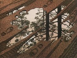 doomhope:bewarethebibliophilia:M.C. Escher, “Puddle,” 1952, woodcut printed from three blocks [Image ID: Art of a water puddle in some mud. There are footprints and tire tracks of various sizes in and around the puddle. Reflected in the water are