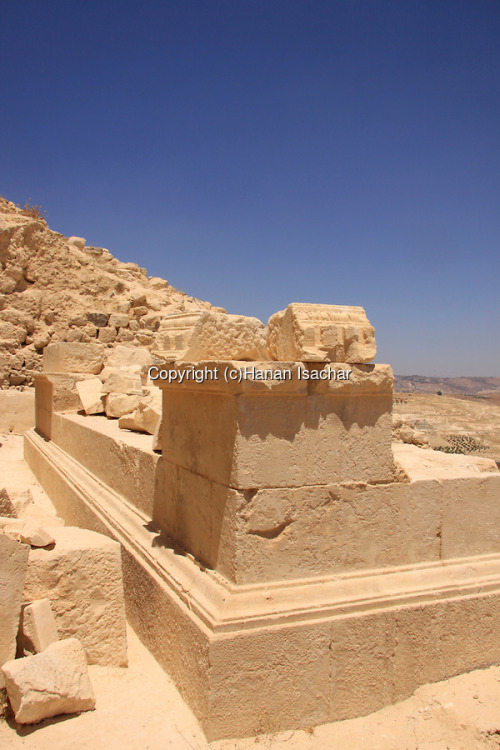 classicalmonuments:   Herod’s mausoleum   Herodium, Israel ~0 CE 25 m. in height  Herod’s mausoleum was in the shape of a tower rising to a height of 25 m. It consisted of a podium, a square story, a circular story, and a roof. Each story contained