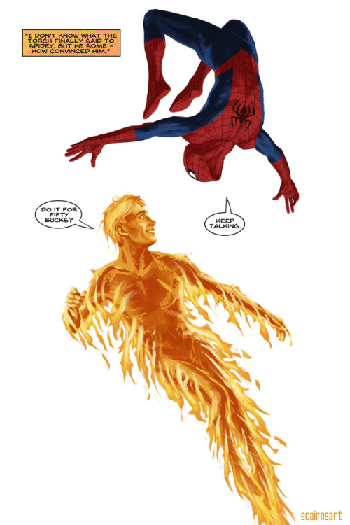 a second sketch for spideytorch week, feat. dialogue from Spectacular Spider-Man #103edit: I’m a foo