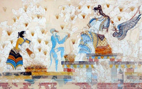 fromthedust:details of Minoan frescos portraying the collection of crocus (saffron plant), with offe