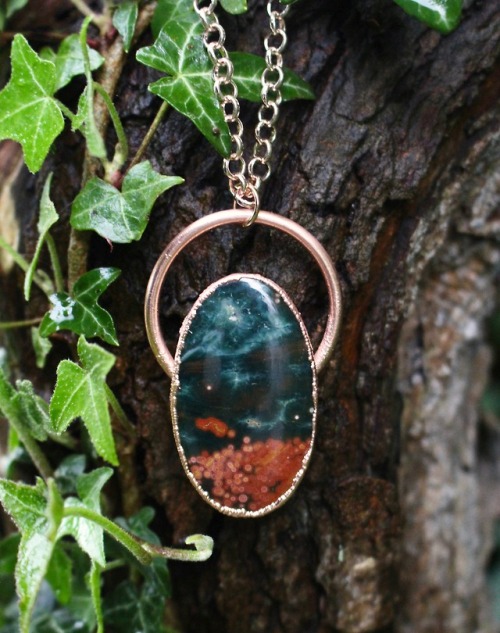 One of a kind Ocean Jasper stone, dipped in copper and strung on a rose gold chain www.moonchildmeta