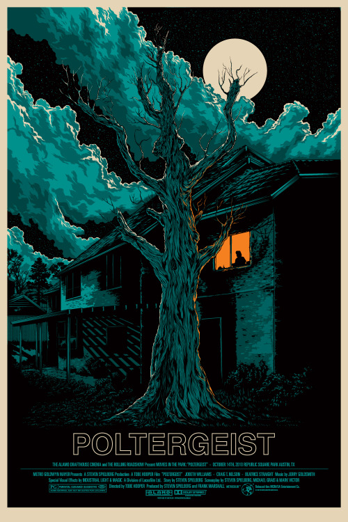 horroroftruant:  Nine Stunning Alternate Movie PostersThe Shining / Tracie ChingPsycho / Daniel DangerHalloween / Gary Pullin  Evil Dead 2 / Jason EdmistonThe Exorcist / New Flesh Prints  Poltergeist / Ken Taylor  The Bride of Frankenstein / Martin Ansin