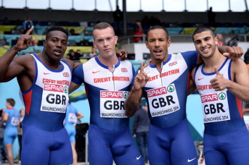 lycladuk:  maleathleteirthdaysuits:  Great Britain 4x100m Relay Team, European Athletics Team Championship in very revealing lycra Harry Aikines-Aryeetey, Richard Kilty, James Ellington and Adam Gemili Harry Aikines-Aryeetey (sprinter) born 29 August