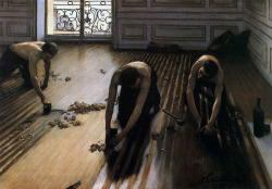 likeafieldmouse:  Gustave Caillebotte - The Floor Scrapers (1875-6) Original on top, later version below &ldquo;Despite the effort Caillebotte put into the painting, it was rejected by France’s most prestigious art exhibition, The Salon, in 1875. The