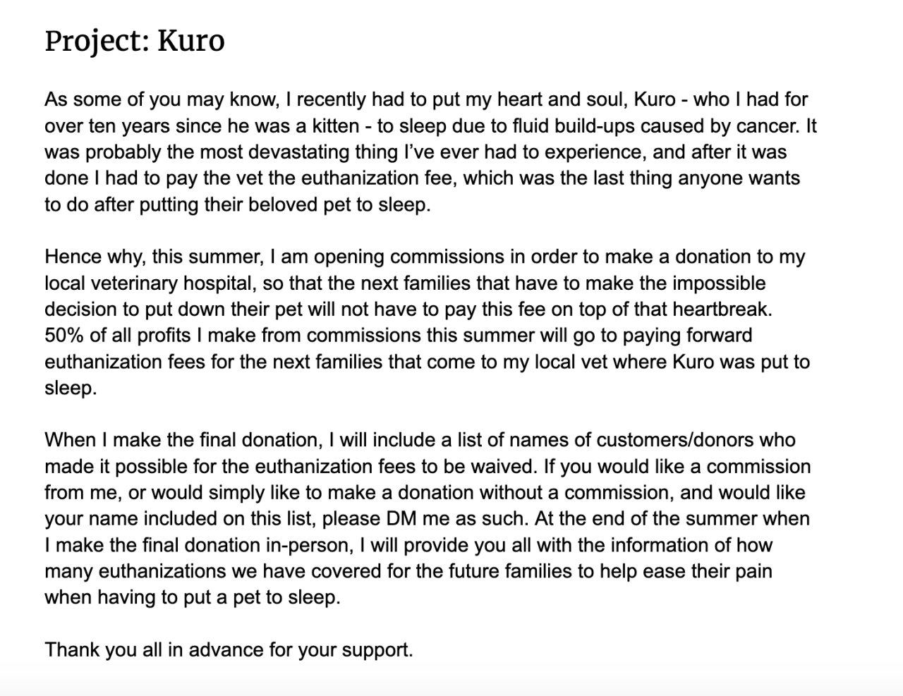 Please read through and share this post about Project: Kuro. Essentially, half the proceeds of all commissions I take 