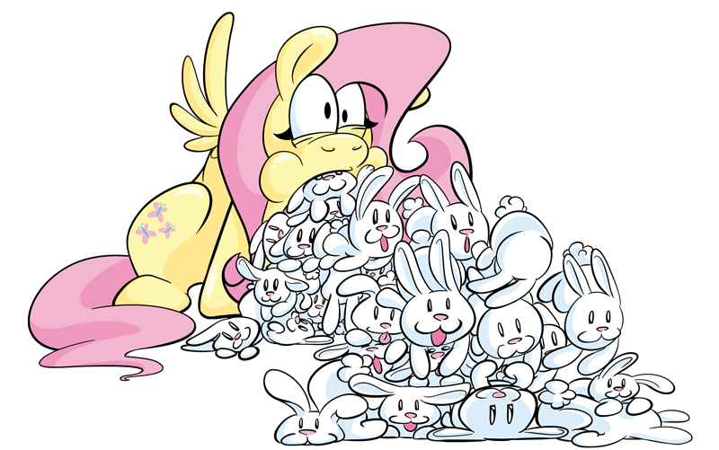 crowneprince:This… amazing… design is available on things you can wear! http://www.redbubble.com/people/crowneprince/works/22361904-fluttershy-barfing-bunnies?ref=recent-ownerPFFFT