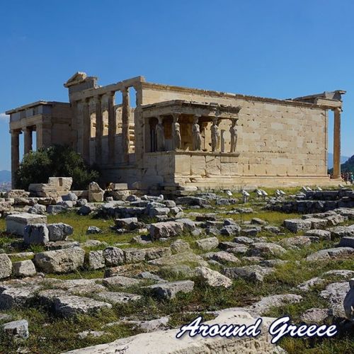 The Erechtheion, located on the northern side of the Acropolis, was built between 421 and 406 B.C., 