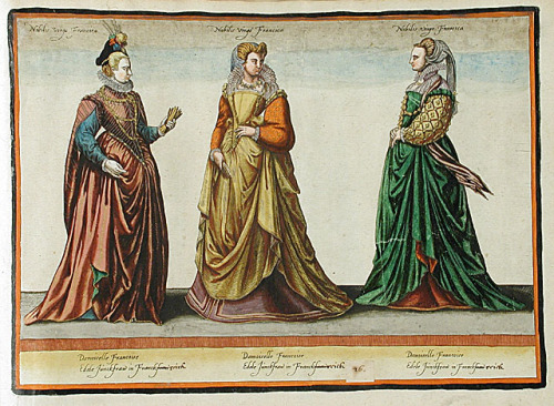 Costumes of French noblewomen from “Habitus Variarum Orbis Gentium” by Jean-Jacques Bois