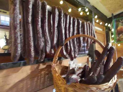 Meat / food products made of wild forest animals offered for sale during Christmas market in the cit