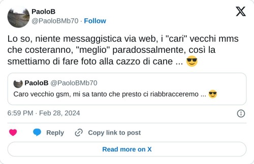 Lo so, niente messaggistica via web, i "cari" vecchi mms che costeranno, "meglio" paradossalmente, così la smettiamo di fare foto alla cazzo di cane ... 😎 https://t.co/tt9Os2b8LU  — PaoloB (@PaoloBMb70) February 28, 2024