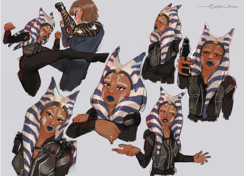 some sketches of ahsoka dressed with a black suit like black widow's on her movie, in different poses and lightning