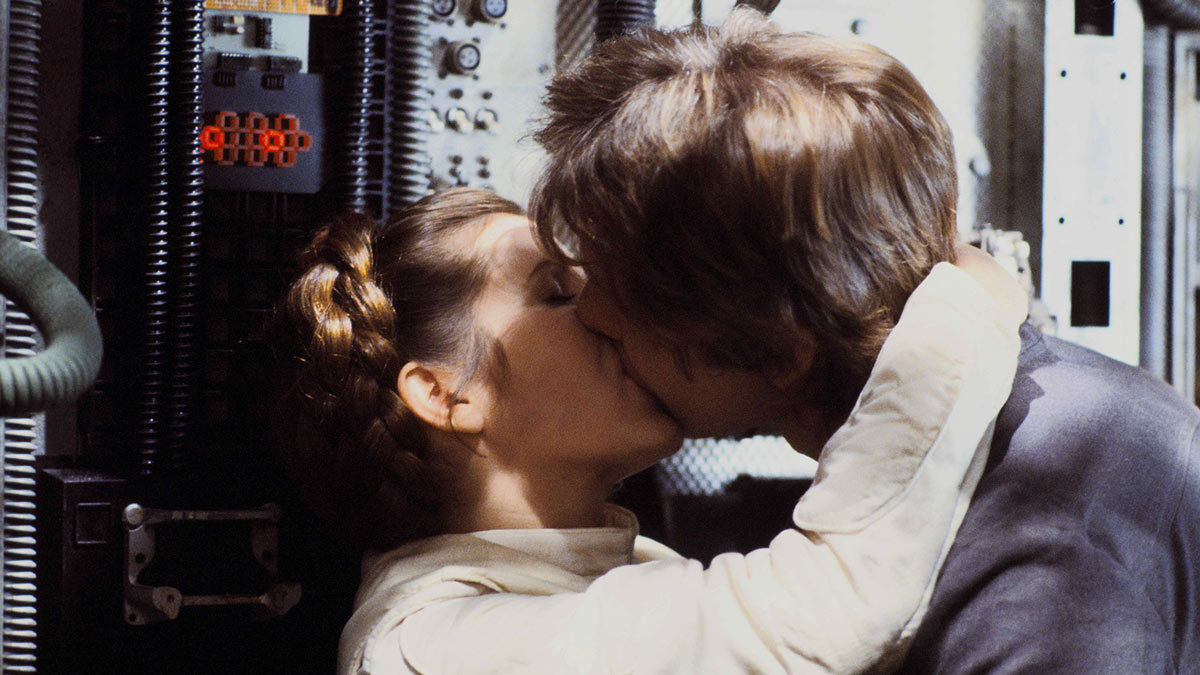 The first kiss between Han Solo and Princess Leia