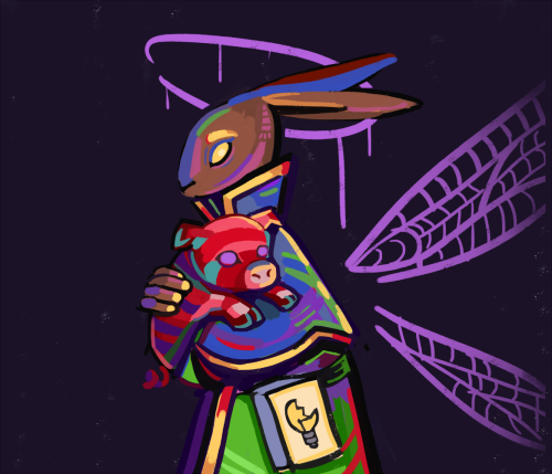 compelledduel:cloudmancy: martyr [ID: Two pieces of digital art of Lapin Cadbury facing the left. In