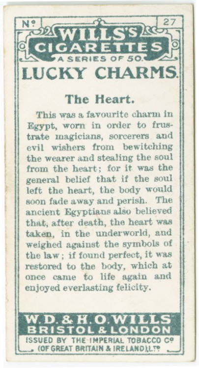 design-is-fine:Lucky Charms, The (Egyptian) Heart, Arents cigarette cards, 1922-39. England. Via NYP