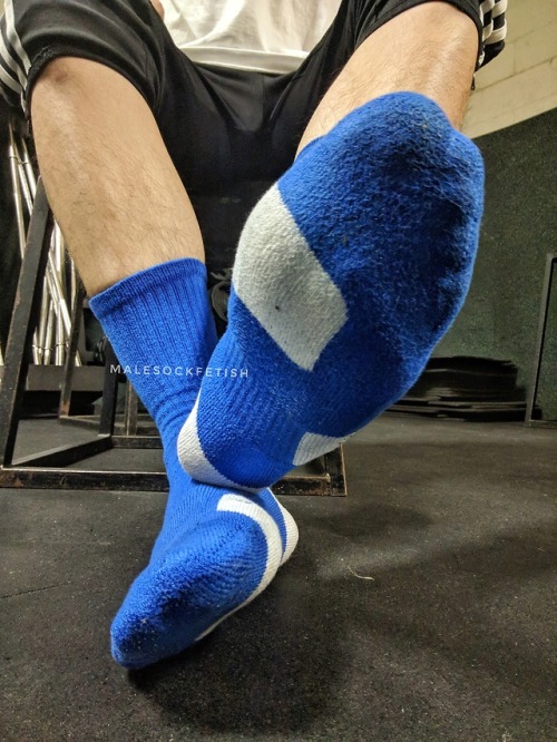 malesockfetish:  Blue gym socks into the rotation