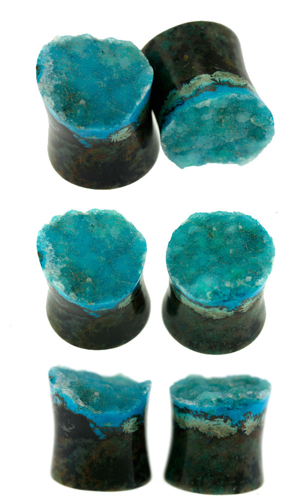 onetribeorganics:  13mm Quartz druzy on Chrysocolla plugs. One specimen from Chuqyucamata,