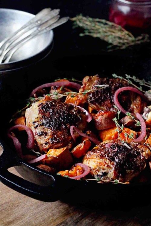 intensefoodcravings:Mustard Roasted Chicken and Sweet Potatoes