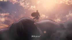 Just rewatched episode 14 and noticed this particular detail:  [Levi appears in front of the trio for the first time]Armin: Mikasa?Mikasa: That&rsquo;s&hellip;  Even though Eren says &ldquo;Wings of Freedom&hellip;&rdquo; right after - indicating that