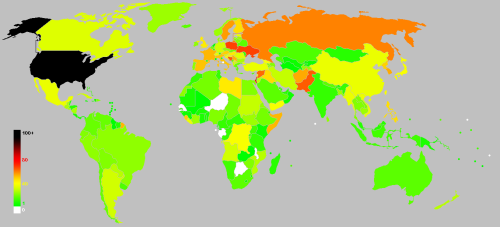 mapsontheweb:Frequency of “war” and “wars” on each country’s/territory’s Wikipedia article.