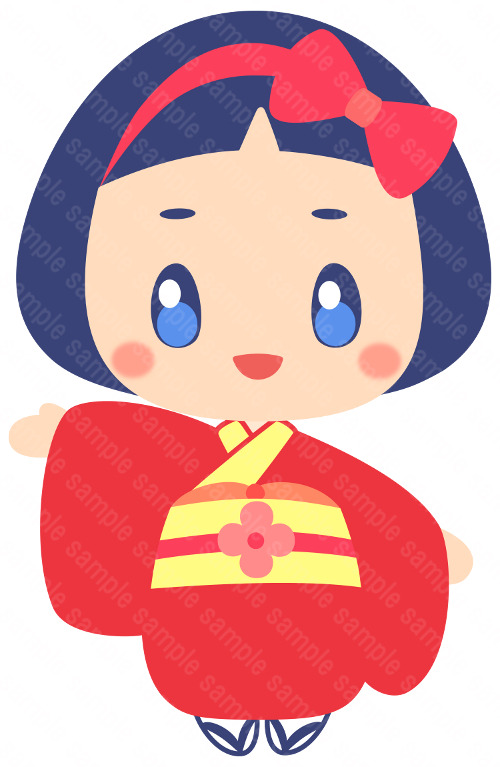 イラスト素材屋haru 着物を着た女の子 おかっぱ 赤 リボン カチューシャ 笑顔 子供 七五三 正月