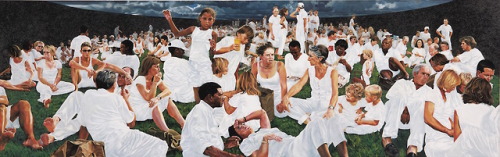 Deborah Poynton (South African, born 1970), The Waiting Room, 2003 (left panel, right panel, center detail, overall). Oil on canvas, 95 x 300 cm