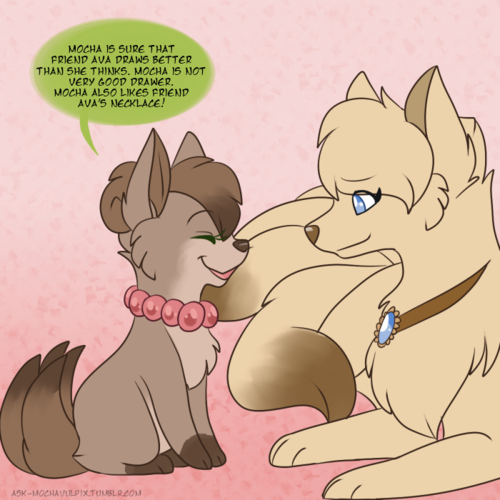 askinnocentninetales:  ask-mochavulpix:   Mocha: Mocha’s necklace was given to her, yep! From Mocha’s Teacher, when she took Mocha as an apprentice.    It looks very pretty on you, dear. What kind of things do you do as an apprentice?  D'aww! x3