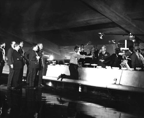 Cream pie fight in the War Room, on the set of the Stanley Kubrick film “Dr. Strangelove, Or How I L