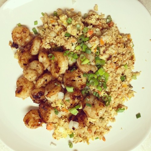 Dinner is served! Cauli fried rice and shrimp. Low carb, so this just leaves room for a treat afterw