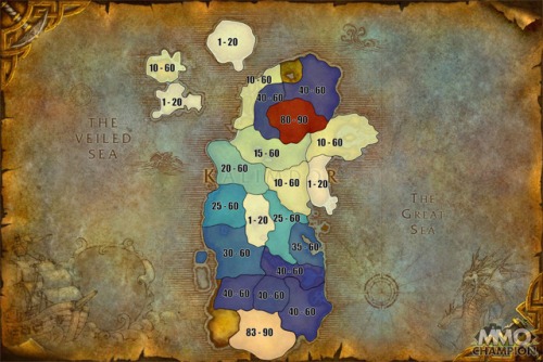 warcraftjournal:Maps of the new leveling zone scaling system.  Basically zones still start at the sa