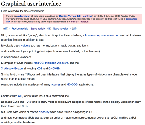 Article: Graphical user interfaceRevision: 3 October 2001