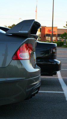 becauseracecar:  My buddy’s supercharged Mugen Civic and my Legacy.