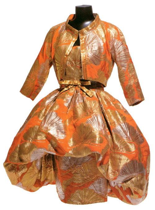 Cocktail DressChristian DiorDaimaru Dior Salon1958Orange rayon woven with gold and silver Dacron thr