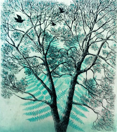 Tree to remember  -   Inari Krohn , 2020Finnish, b. 1945-Etching, aquatint, Chine collee, 31 x 26 cm