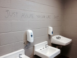 volumist:  omgwang:  the school removed the mirror in the bathroom and someone wrote on the wall   I really love this photo