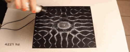 sixpenceee:  The Chladni Plate Experiment, This is sand on a metal plate at various