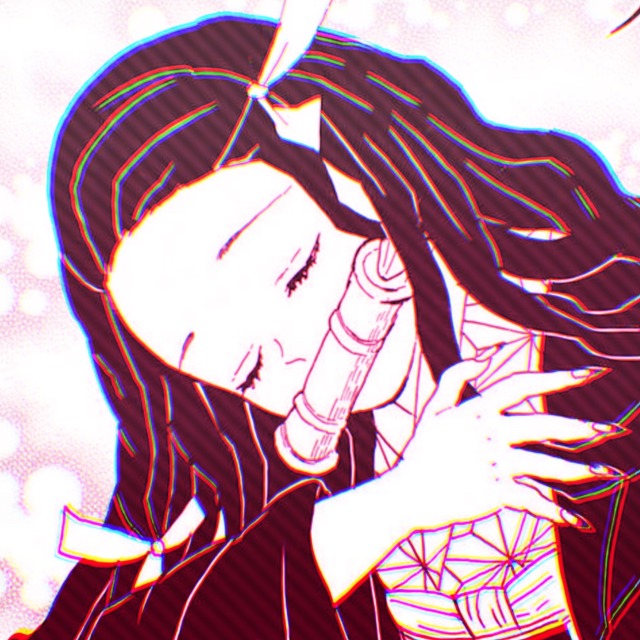 a manga icon of nezuko from demon slayer. it has a pink overlay. she lays her head to the left as if she's sleeping. she holds her hand to her chest and closes her eyes.