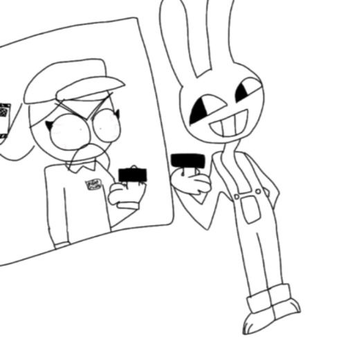 A drawing of what I looked like in the dream, behind a window flipping off Jax from TADC, who is also flipping me off