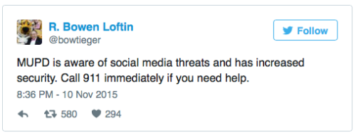micdotcom:  #PrayForMizzou starts trending after Yik Yak threatsAmid recent racial protests and tension at Missouri, security notices were sent to dorm buildings after a series of suspicious threats were posted online to Yik-Yak. Another threatening phone