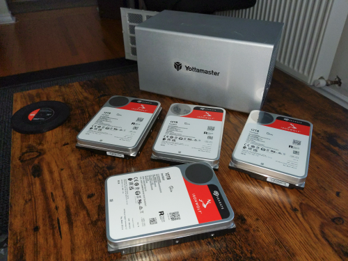 The Yottamaster 4-Bay 3.5" HDD USB 3.0 enclosure and four 12TB Seagate Ironwolf HDDs I selected as my storage.