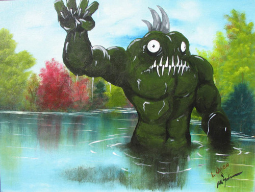 tastefullyoffensive:  Artist Chris McMahon buys other people’s landscape paintings at thrift stores and puts monsters in them.Previously: Artist Repaints His Own Childhood Drawings 