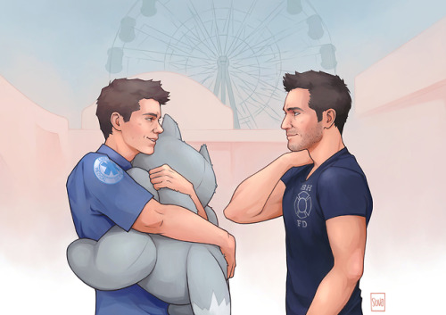 geeky-sova: teenshmolf: Paramedic Stiles and firefighter Derek at the carnival.I commissioned G